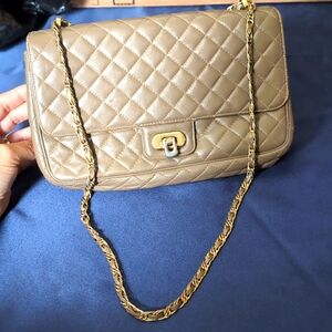 Leather Quilted Shoulder Bag with Chain Strap by Morris Moskowitz. Tan Color